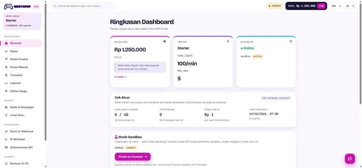 H2H IndoTopup dashboard view: balance, account level, and summary of the game top-up & digital product API